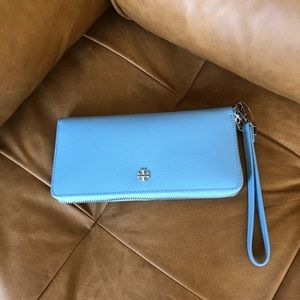 Sky blue Tory Burch zip-around wallet/wristlet